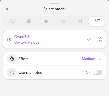 Model sheet: one tab per provider along the top, a local Qwen model selected, then Effort and Use my notes
