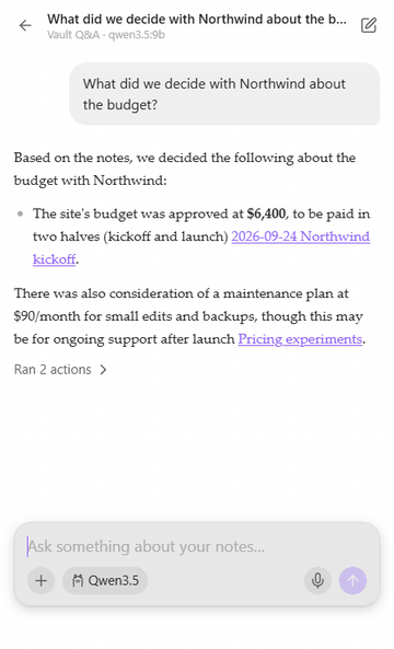 A question about the vault, answered with links to the notes it came from, on Obsidian's mobile layout