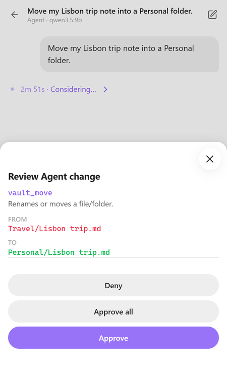 The agent asks before moving a note, showing the tool, the old path and the new one, with Deny, Approve all and Approve