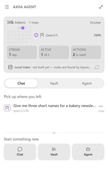 Home screen: tokens this month, a recent chat, and buttons for Chat, Vault and Agent